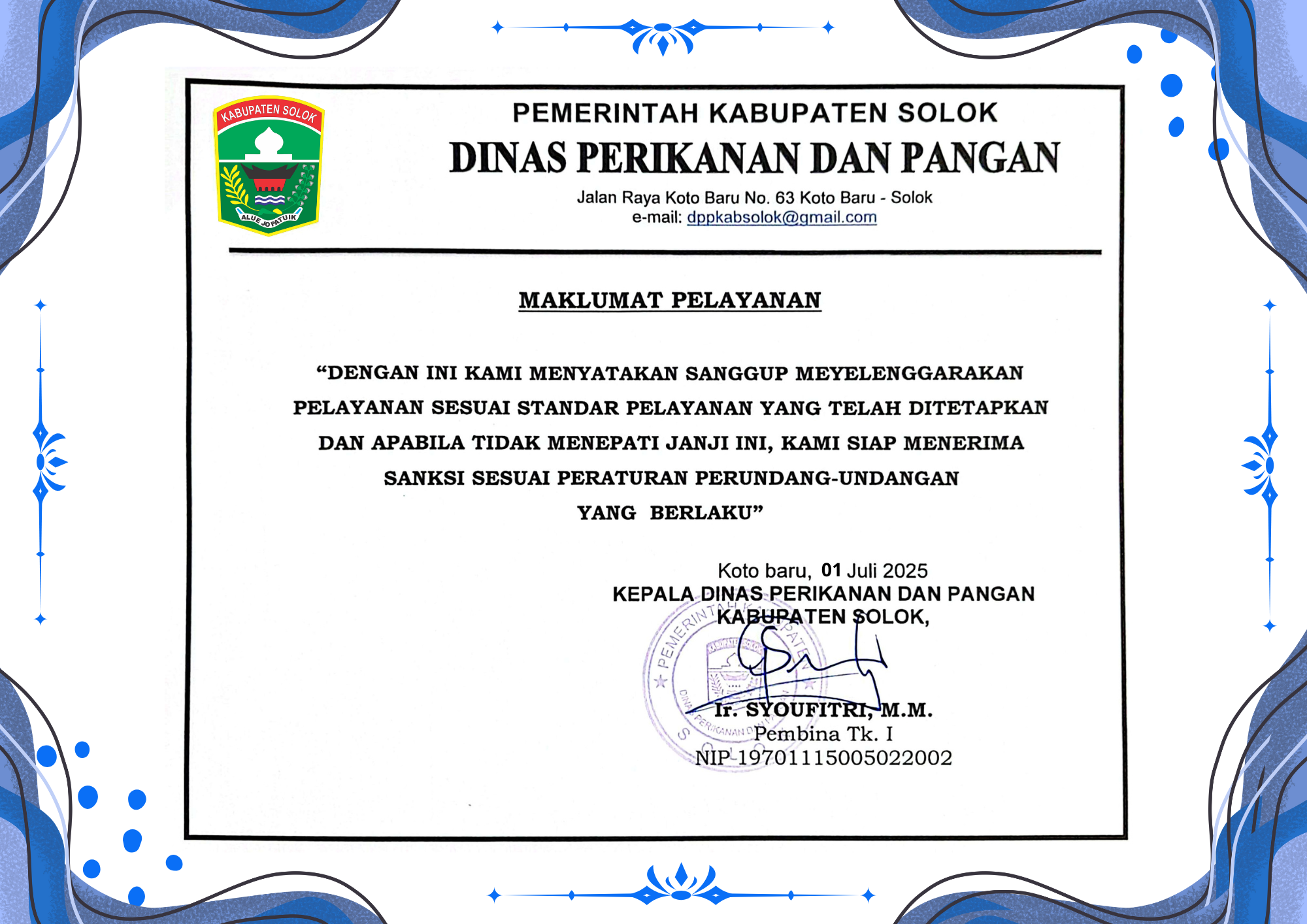 Maklumat Pelayanan Dinas Perikanan dan Pangan Kabupaten Solok